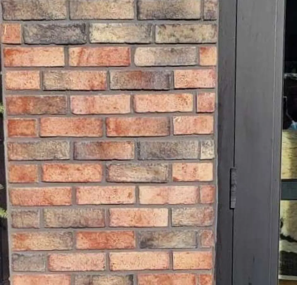 A section of red and tan brick wall beside a black-framed glass door.
