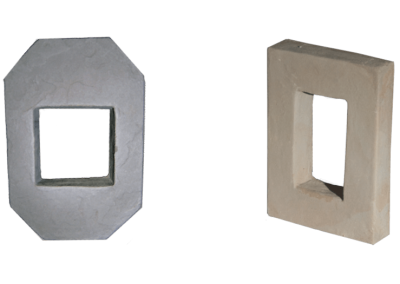 Two hollow stone blocks, one octagonal and gray, one rectangular and beige, on a white background.