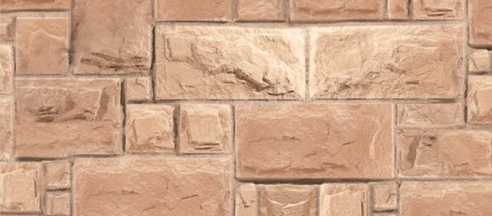 Castlerock-Buff Light brown rectangular and square stone bricks arranged in a staggered pattern forming a wall.