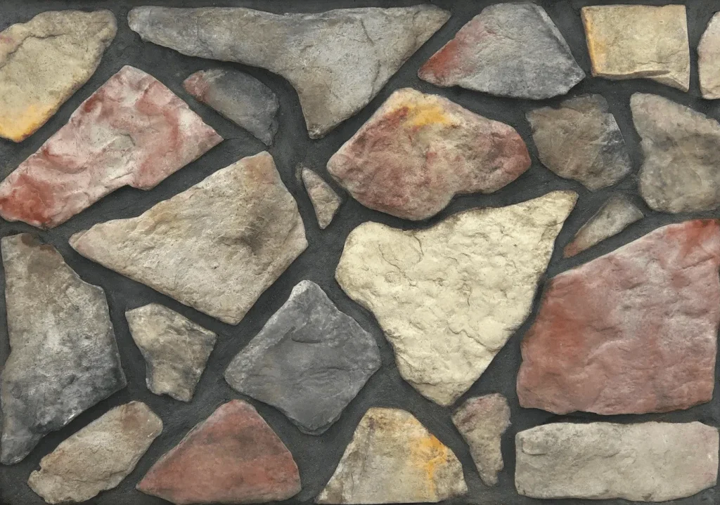 Fieldstone-Chardonnay Irregularly shaped stones of various colors set in gray mortar, forming a stone wall pattern.