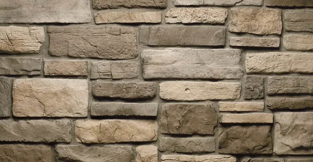 Minnesota-Limestone-Sienna-1 A close-up view of a textured stone brick wall with various shades of gray and beige blocks.