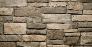 A close-up view of a textured stone brick wall with various shades of gray and beige blocks.