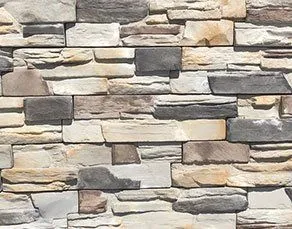 Stacked stone wall with rectangular stones in various shades of beige, gray, and brown.