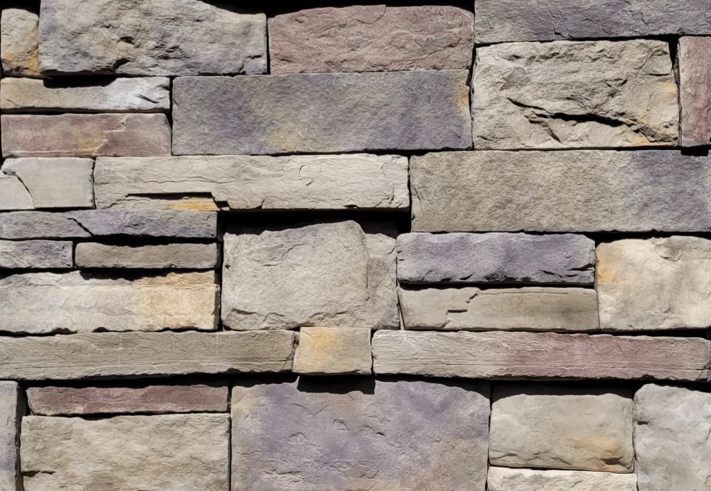 Quarry-Blend-Bucks-County Gray and tan stacked stone wall with rectangular and unevenly shaped stones arranged closely together.