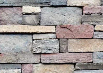 A close-up of a stone wall with rectangular blocks in various shades of gray, tan, and reddish-brown.